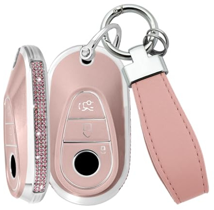 Rondrive Autoschlüssel Hülle Kompatibel mit Mercedes-Benz C-Klasse S-Klasse E-KLASSE CLE GLC EQS EQE SL 2021-up 2025 2024 2023 Bling Diamond Schlüsselanhänger Shell Pink
