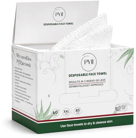 PYJI Disposable Face Towels XXL (60 Pack), 12x12 Inch Facial Cleaning Towels – Ultra Soft, Lint Free & Thick Makeup Remover Wipes, Gentle Skin Care Facial Cloths, 100% Viscose Fibre