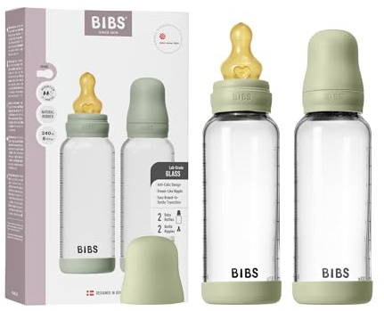 BIBS Babyflasche aus Glas, 240 ml, 2-pack, Naturkautschuk-Sauger, Sage | Anti-Kolik | Naturkautschuk-Sauger | Mittlerer Fluss | Stillfreundlich | Hergestellt in Dänemark | BIBS Sauger