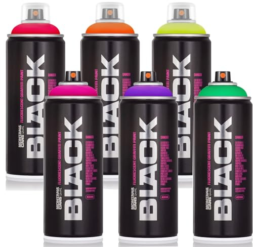 Montana Cans Black Infra Neon - Set di bombolette spray fluorescenti per graffiti, 400 ml, ad alta copertura, ad asciugatura rapida, set di colori neon per street art e fai da te, 6 x 400 ml
