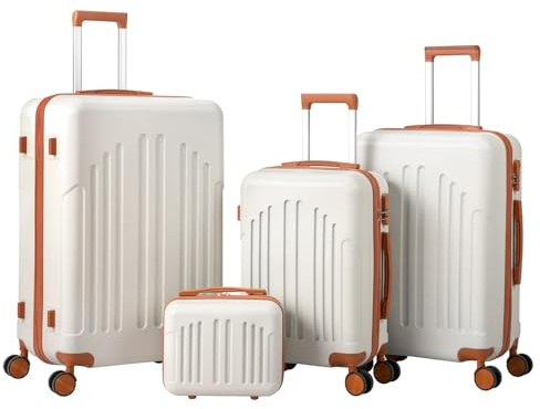 LEADZM Koffer Set 4 teilig Hartschale mit Kosmetikkoffer (Beige-Braun) | Kofferset aus ABS, Reisekoffer mit Rollen Groß, Handgepäck, Hartschalenkoffer Set, Koffer & Trolleys