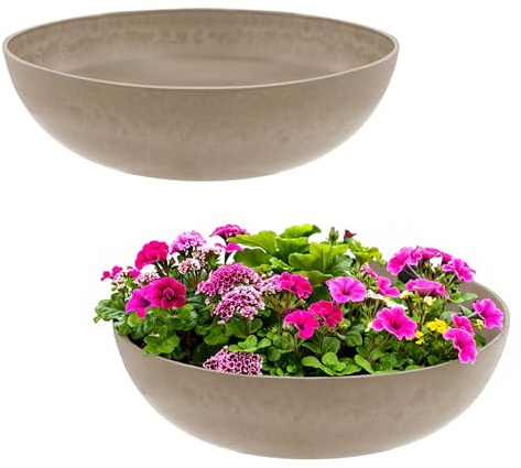 Spetebo Kunststoff Pflanzschale massiv Stein Optik 30 cm Sand - 2er Set - Premium Blumenschale marmoriert für Außen und Innen - Garten Deko Blumentopf Pflanzgefäß Dekoschale Beton Industrial Look