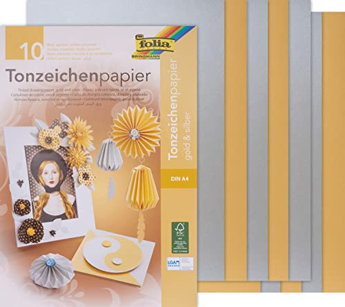 folia 601 - Block mit Tonzeichenpapier in gold / silber, 10 Blatt, 130 g/qm, DIN A4, ideale Grundlage für vielfältige Bastelarbeiten wie Fensterbilder, Scrapbooking, Kartengestaltung