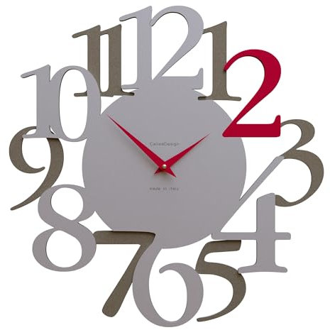 CalleaDesign - Wanduhr modernes Design Russell mit großen Ziffern, präzise und leise 42x42 cm [Quarzgrau, Aluminium, Rubinrot]