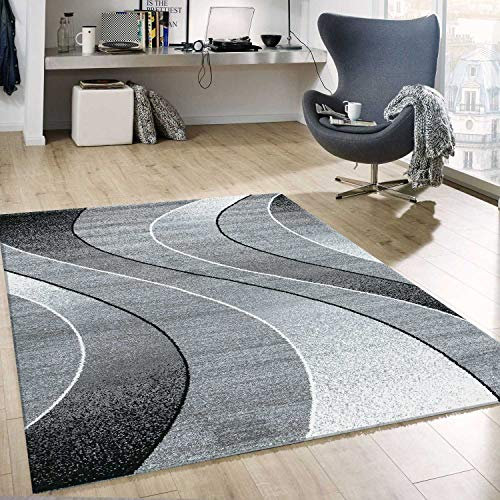 VIMODA Teppich kurzflor Geometrisches Kurven Muster Meliert Grau Anthrazit für für Wohnzimmer, Schlafzimmer, küche, Maße:120 x 170 cm