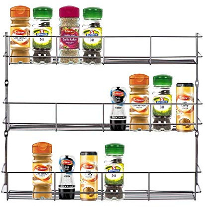 Greenfields Chrome 3 Tier Spice Herb Jar Rack Holder For Home Kitchen Door Cupboard Storage or Wall Mountable