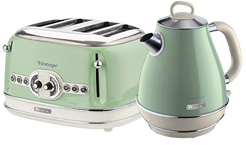 Ariete ARPK20 Retro Style Jug Kettle and 4 Slice Toaster Set, Vintage Design, Green