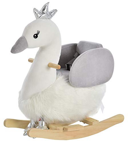 HOMCOM Kids Rocking Horse, Children Plush Ride On Swan Animal Rocker w/Sound, Wood Base Seat, Safety Belt, Baby Toy Rocker for Toddler 18-36 Months, White and Grey