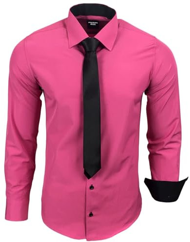 Subliminal Mode - Chemise Homme Manches Longues Col Bicolore Uni + Cravate Noir Chemise Coupe Ajusté Business Repassage Facile RN77 Rose Fushia S