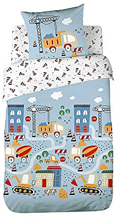CÔTE DECO Bettwäsche-Set für Kinder, Wendbar, LKW und Traktor, Blau, Bettbezug 140 x 200 cm + 1 Kissenbezug 63 x 63 cm, 100% Baumwolle, 2-teilig