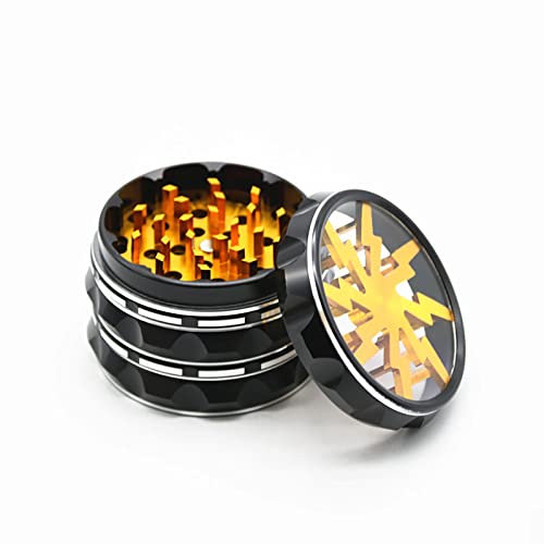Vgzsyomqib Grinder Aluminium 63mm Grinder Crusher Mühle Groß Metall 4 Teilig für Spice Gewürze Herb Kaffee Kräutermühle Mill 4-teiliges Set mit Pollen Scraper - Blitz Gelb