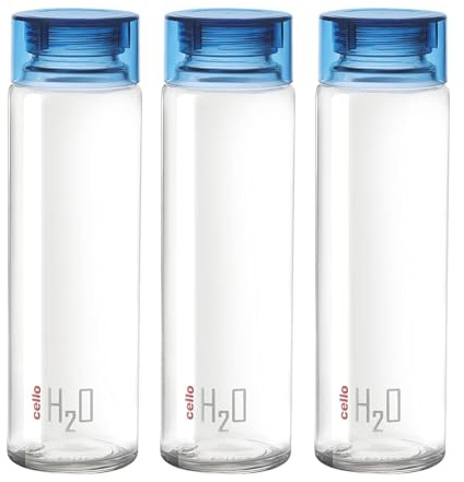 Cello H2O Kühlschrank-Wasserflasche aus gehärtetem Glas mit Kunststoffkappe, 920 ml, Blau, 3 Stück
