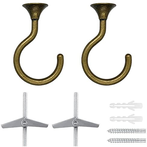2 Sets Heavy Duty Swag Ceiling Hooks with Hardware for Hanging Plants, Cavity Wall Fixing, Easy Installation, Holds Up to 30lbs, Ideal for Home & Garden (2 Sets, Antique Brass)