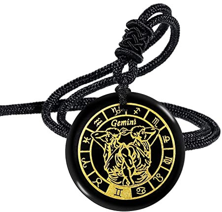 Nupuyai 12 Sternbild Obsidian Kette Damen Herren Talisman Heilstein Kette mit Anhänger Glücksbringer für Chakra Heilung, Horoskop Astrologie (Zwillinge)