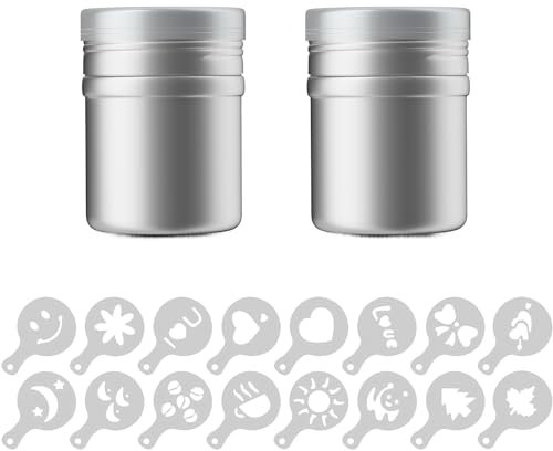 INTIRILIFE 18-teiliges Set Puderstreuer - 5 x 7 cm - 2 Pulverschüttler mit 16 verschiedenen Schablonen in Silber - Weiß - Zum Dekorieren und Bestäuben von Backwaren Kaffee und Ähnlichem