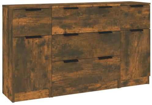 vidaXL Smoked Oak Sideboard Set – 3 Piece Modern Engineered Wood Cabinet Collection with Drawers/Door for Storage – Versatile Design for Living Room/Bedroom
