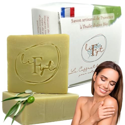 Savon Naturel de Provence Pure Huile d'Olive BIO - Hydrate tout type de Peau - Soins Corps et Visage Doux et Surgras - Produit Artisanal Fait Main - Sans Parfum - Pack 2x100g