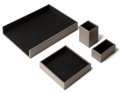eglooh - Minerva - Schreibtisch Set Leder Taupe Grau - Schreibtisch Zubehör mit 4 Stücken: Taschenleerer, Stiftehalter, Ablagefächer, Visitenkartenhalter - Made in Italy