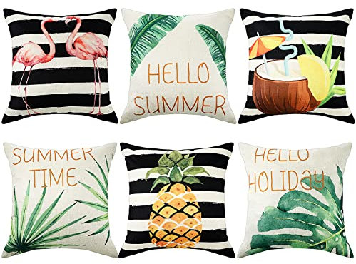 6 Stück Aquarell-Streifen, tropische Pflanzen, Kissenbezüge, 45,7 x 45,7 cm, Ananas, Flamingo, Kissenbezug, quadratisch, dekorativer Kissenbezug für Sofa, Couch, Bett, Auto