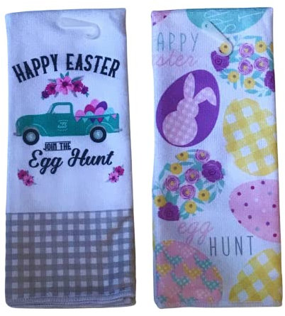 P2P Küchentücher mit Ostermotiv, 2 Stück, dekorative Geschirrtücher, Geschirrtuch, Frühling, Urlaub, Zuhause, Badezimmer, Dekoration, Partyzubehör, Dekorationen (Happy Easter Truck & Egg Hunt)