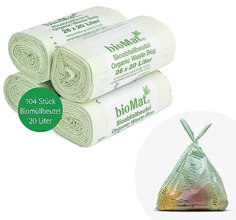 bioMat Sac Poubelle Compostable 20l avec Poignée, 104 sacs, Qualité Supérieure, Certifié DINplus, Fabriqué en Allemagne