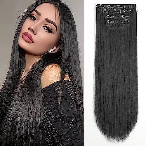 YDDM Hair Extensions Clip In Extensions Schwarz Glatte Haarverlängerung Voller Kopf Wie Echthaar Haarextension Clips Günstig Clip Extensions Synthetisches Haarteil Für Frauen(24Zoll,4PCS)
