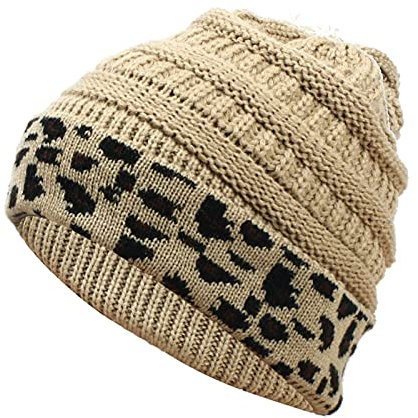 RUIRUILICO Damen Merino Wollmütze Winter Gefütterte Cuffed Plain Beanie Mütze Winddicht Warme Wintermütze Weicht Bommelmütze Leopardenmuster Bommelmütze Plissee Strickmütze
