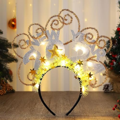 Vakkery LED Haarreif Weihnachten Leuchtender Silvester 2024 Deco Kopfschmuck Blinkende HAPPY NEW YEAR Haarreifen Stern Weihnachts Haarschmuck für Damen Erwachsene (Gold)