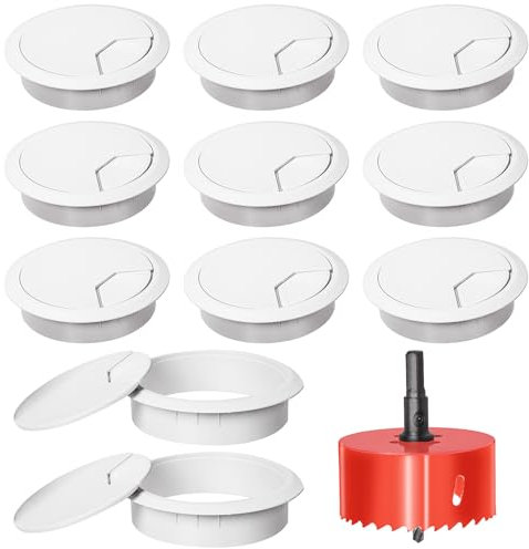 Swpeet 11Pcs White Desk Cable Wire Grommet Cord with Hole Saw, Tidy Cable Hole Cover Organizers, Desk Wire Cord Cable Grommets Hole Cover, 1Pcs 2Inch - 50mm Tools Hole Saw with Arbor for Office Desk