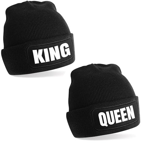 Herzbotschaft 2er Set Beanie Strickmütze mit Spruch | King - Queen | schwarz | Unisex SoftTouch angenehm weiche und warme Wintermütze | OneSize Einheitsgröße für Erwachsene