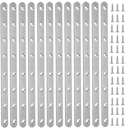 ZOENHOU 12 conectores planos de 293 x 19 mm de acero inoxidable, escuadras metalicas soporte, conector de metal plano, placa perforada, conector plano, conector de madera, 8 agujeros con 96 tornillos