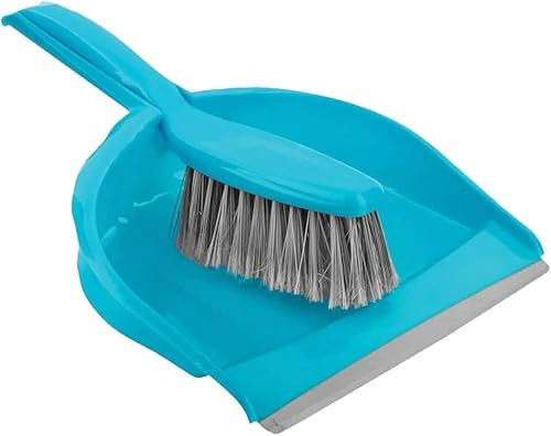 Soft Dustpan and Brush Set, Household Bristle Brush and Plastic Dust Pan with Rubber Lip to Collect and Sweep Dust and Dirt from Floors, Compact Storage, BPA Free Lightweight Design, Blue