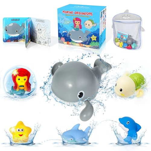Orzbow Jouets de Bain Lumineux Bébé,Jouet Bain Baleine Eau Pulvérisée avec Livre de Bain,Animaux Jeux Bain Flottant Bebe Dauphin sans Moisissure,Requin Marteau Sirène Cadeau pour Enfants dès 6 Mois