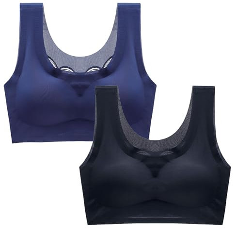 MOONBADI Sport BH blau+schwarz Damen Starker Halt Sport BH Große Brüste Mesh Ringerrücken Ohne Bügel für Fitness Lauf Sport BH starker Halt 80C