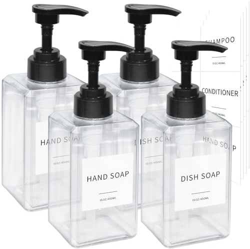 Transparenter Seifenspender mit Wasserdichten Etiketten, verdickter Kunststoff-Handseifenspender für Badezimmer, Küche, Geschirrspülmittel, Shampoo- und Conditioner-Flaschen mit Trichter (425 ml, 4
