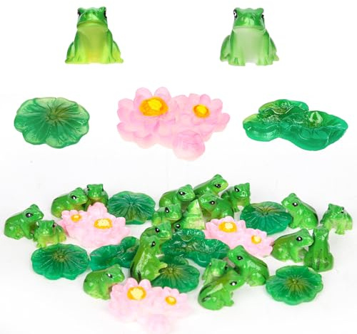 NQEUEPN 20 Stück Mini Harz Frösche Deco mit 7 Lotusblättern und 3 Miniatur Lotusblumen, Realistische Niedliche Frosch Figuren Kleine Harzfrösche für DIY-Kunsthandwerk Puppenhaus Gartendekoration