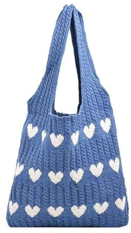 CUNGGI Gestrickte Umhängetasche, Gehäkelte Tragetasche mit süßem Herzmuster, Hobo-Tasche, gestrickt zum Einkaufen Schultertasche Tote Bag hohle Shopper Strandtasche für Damen (Blau)
