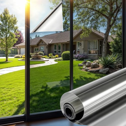 Mgood Vinilo Espejo para Ventanas 60x200cm, Vinilos para Cristales Unidireccional Lámina Privacidad Ventana Anti 99% UV Control de Calor Anti Sol Vinilo Ventana para Hogar y Oficina, Plata-Plata
