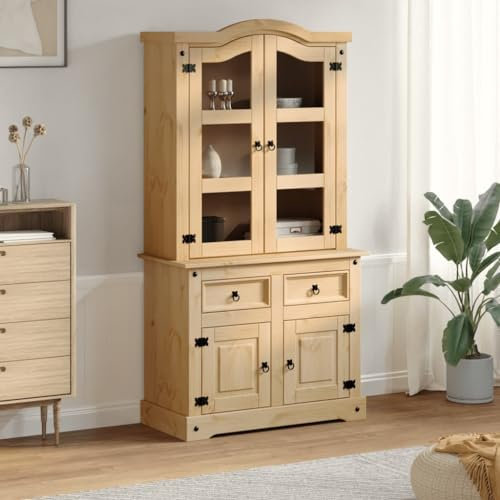 Gecheer Vitrine 100x48,5x179 cm Massivholz Kiefer, langlebig und robust, reichlich Stauraum, praktische Türen, Metallgriffe, für Wohnräume und Sammlungen