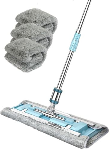 IQLER Bodenwischer, zuverlässiges Metalldrehgelenk, 360° drehbarer Wischmopp, teleskopischer Stahlstiel, Qualitätsklammern, 3 STK Mikrofaser, für Laminat, Fliesen und Sockelleisten (Silber)