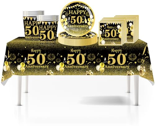 41Pcs Black Gold Happy 50th Birthday Party Tableware Set Plastic Table Cloth,Paper Plates Napkins 50th Birthday Table Decorations Disposable Tableware Kit for Men Women 50th Birthday Decorations