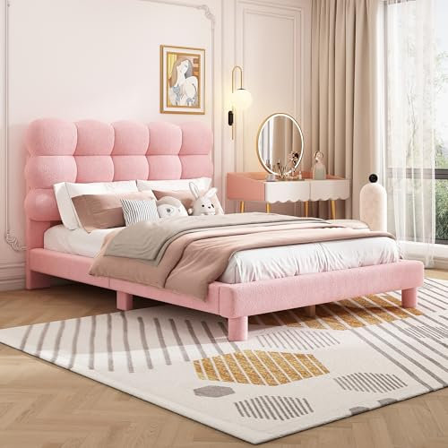 Polsterbett Kinderbett 140x200 cm, Mädchen Bett mit verstellbares Polster Kopfteil und Lattenrost, modisches schlichtes Doppelbett Flachbett Bettgestell Jugendbett, Anti-Lammwolle, Ohne Matratze, Rosa