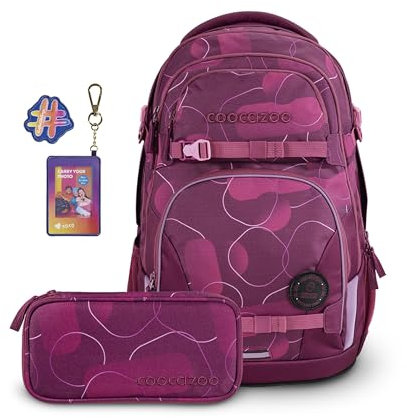 coocazoo Schulrucksack-Set Porter „Berry Bubbles & Follow Me“ 3-teilig, lila-rosa, ergonomischer 35L Tornister, mit Brust- und Hüftgurt für Kinder ab der 5. Klasse, inkl. Mäppchen und Colour UP-Set