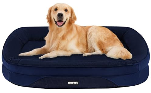 HMTOPE Orthopädisches Hundebett, Hundesofa, Vierseitiges Nackenrolle Kissen, rutschfeste Unterseite Hundekorb, Abnehmbar und Waschbar, Mittelgroße Hunde, Grosse Hunde, 106 x 79 x 17 cm, Navyblau