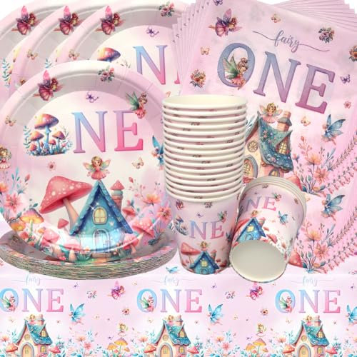 Doyomtoy Vaisselle de Fête Anniversaire 1 an, 61 Pièces Fées Vaisselle Papier Set Champignon Assiettes en Papier Serviettes Tasses pour Fête à Thème Fleurs de fées Décorations Fête d'anniversaire