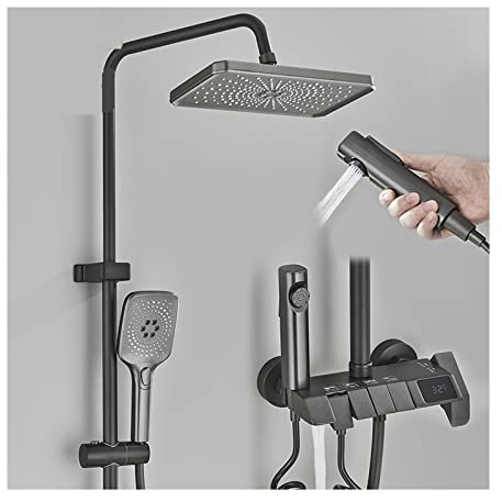 Juego de mezclador termostático de ducha digital LCD con teclas de piano inteligentes, grifo de ducha con 4 funciones, montaje en pared, sistema de ducha de baño con efecto lluvia, agua fría y calient
