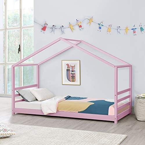 Kids Hausbett mit Lattenrost und Gitter 90x200 cm rosa Kiefer Holz Jugendbett