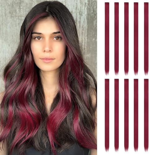10 Stück Haarsträhnen zum Einklipsen | 55 cm Farbige Clip in Extensions | Langes glattes Bunte Haarsträhnen Kinder | Haarschmuck Mädchen (Dunkelrot)