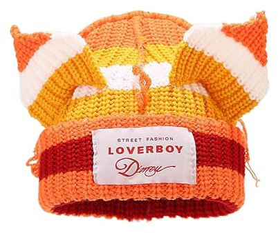 VPTMRP Gestreifte Katzenohr Mütze Niedliche Beaniemütze Thermo Strickmütze Warm Häkelmütze für Herren und Damen