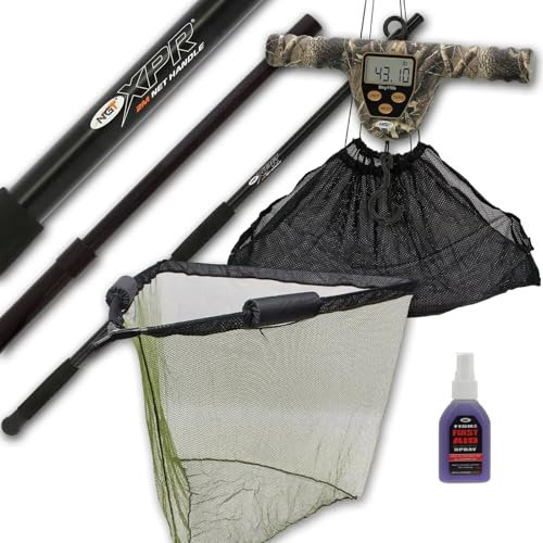 Carp Fishing Landing Net 42 Inch Dual Float Metal Spreader Stink Case 2m Net Telescopic Screw Fix Handle with Digital Camo Scale 110lbs/50kg Soft Mesh Weigh Sling & Fish Aid Spray Angler Gear Tackle
